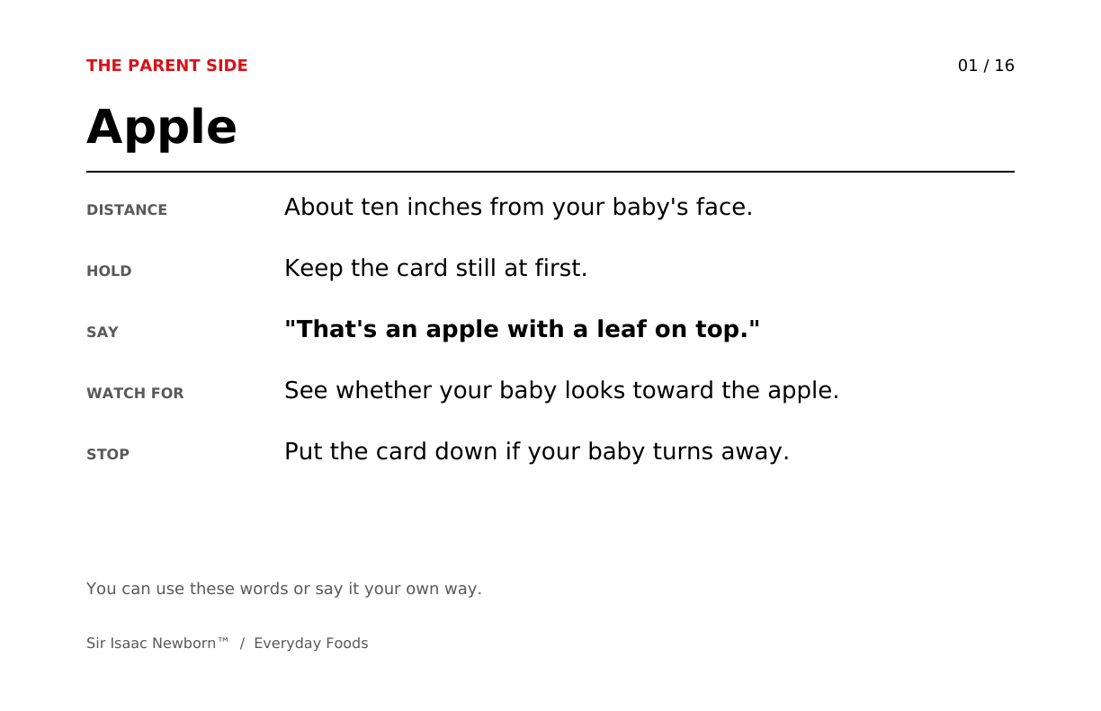 Parent Side of card one, Apple, printed with notes for the grown-up holding the card. The same notes are written out below.