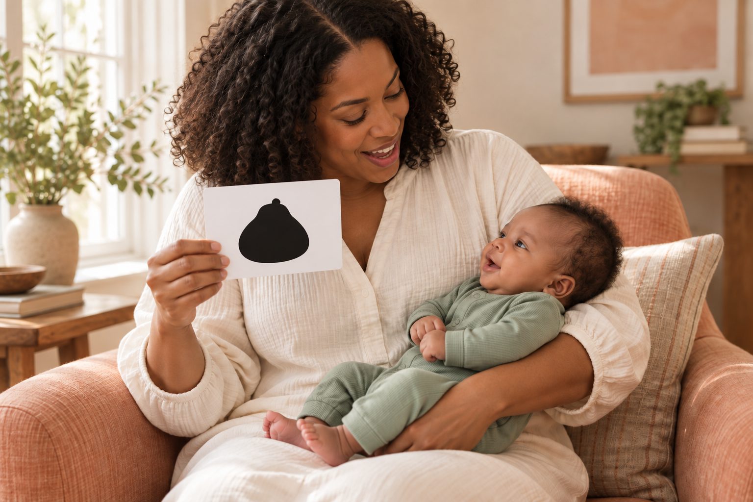 A mother sitting in an armchair with her baby in one arm, holding up a white card showing a black pear picture while the baby looks up at her.