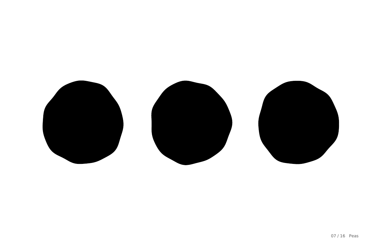 Card seven of sixteen: three round black peas in a row.