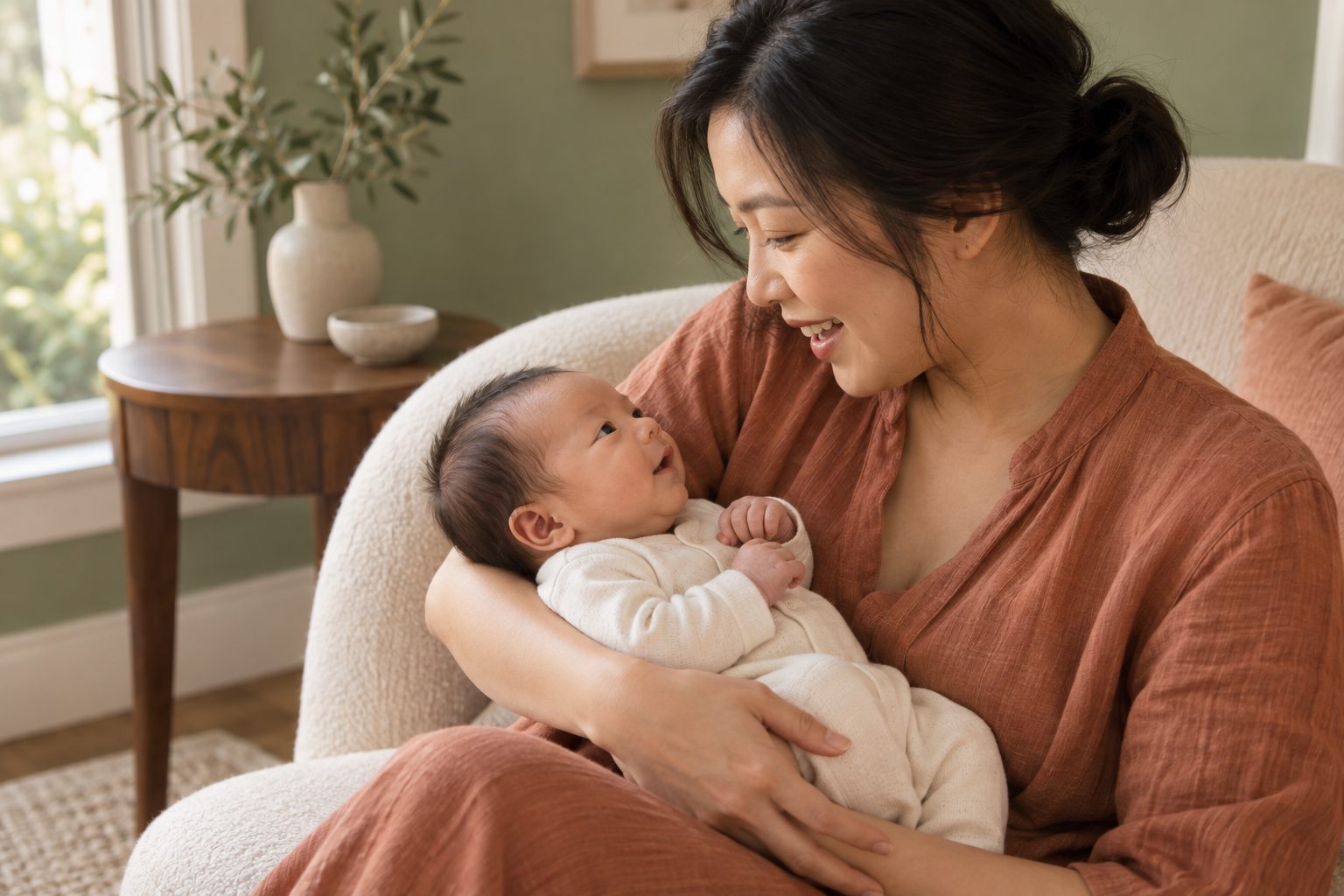 A mother holding her awake newborn close, face to face, both looking at each other and smiling.